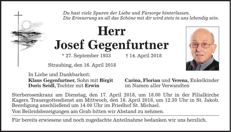 Traueranzeige Josef Gegenfurtner