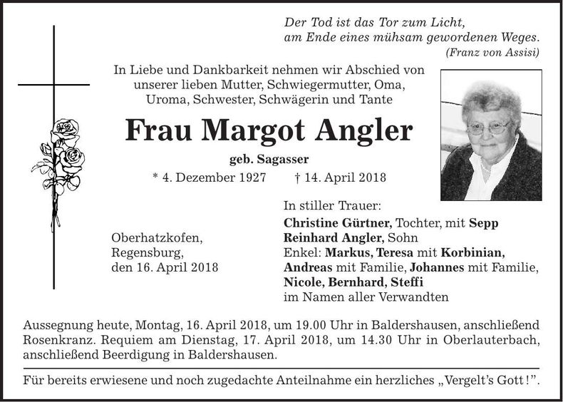 Traueranzeige Margot Angler