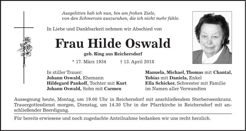 Traueranzeige Hilde Oswald