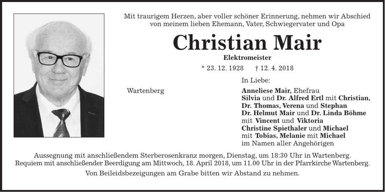 Traueranzeige Christian Mair