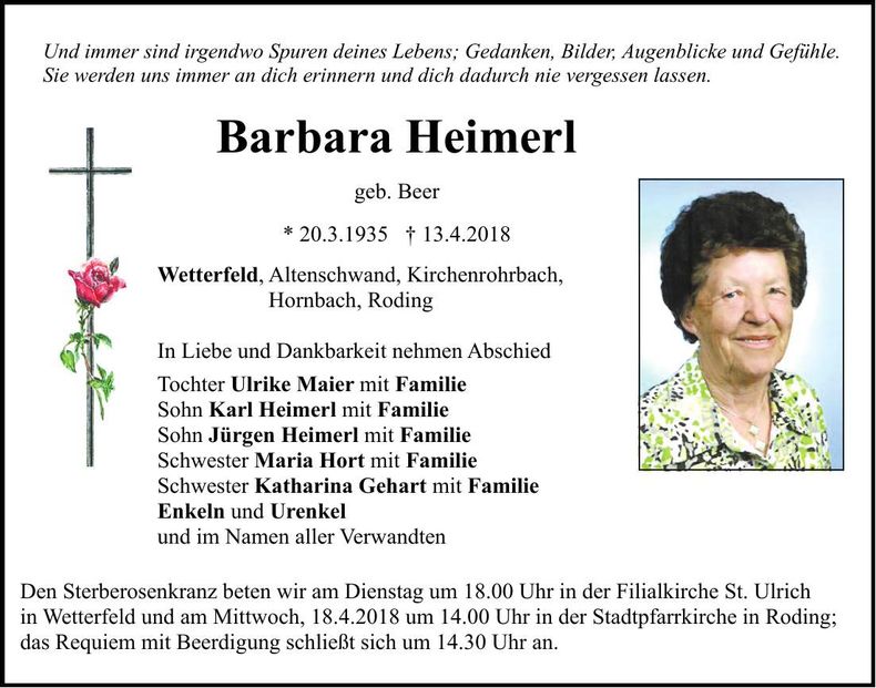 Traueranzeige Barbara Heimerl