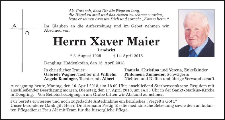 Traueranzeige Xaver Maier