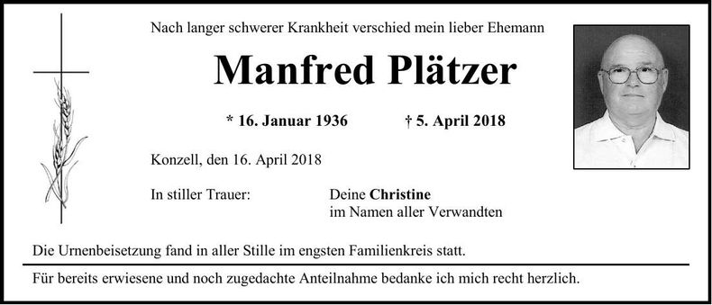 Traueranzeige Manfred Plätzer