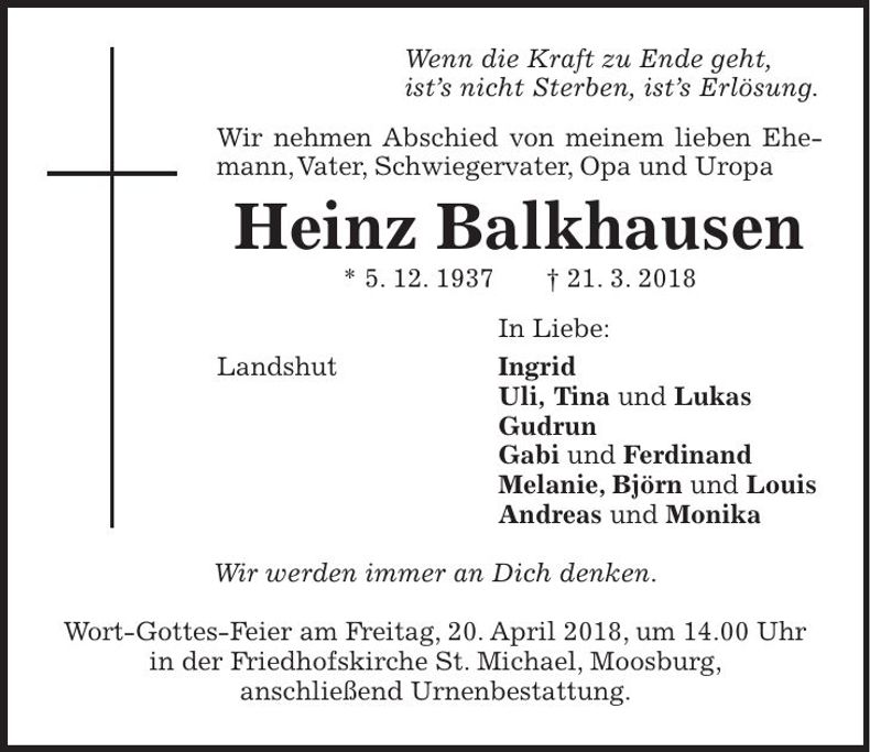Traueranzeige Heinz Balkhausen
