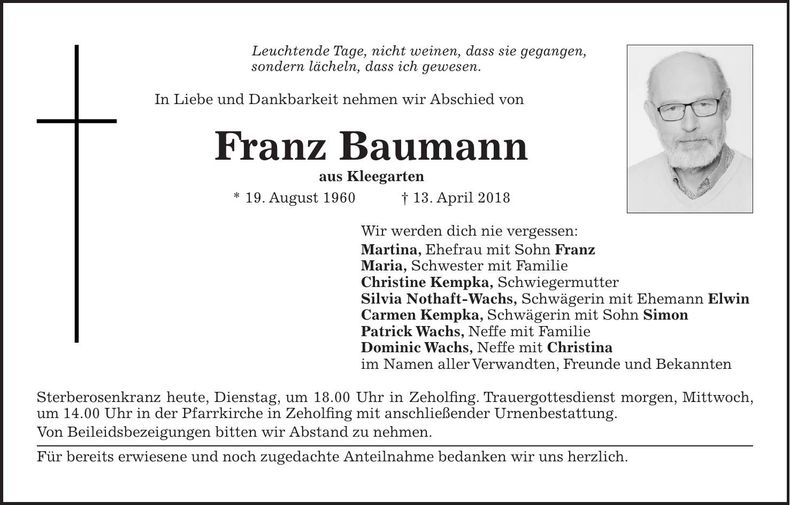 Traueranzeige Franz Baumann