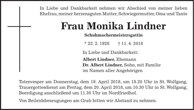Traueranzeige Monika Lindner