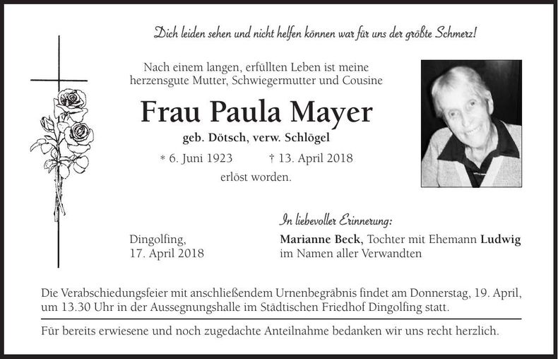 Traueranzeige Paula Mayer