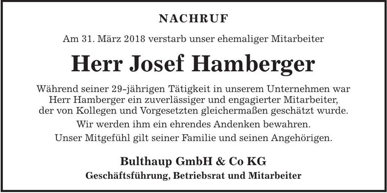 Traueranzeige Josef Hamberger