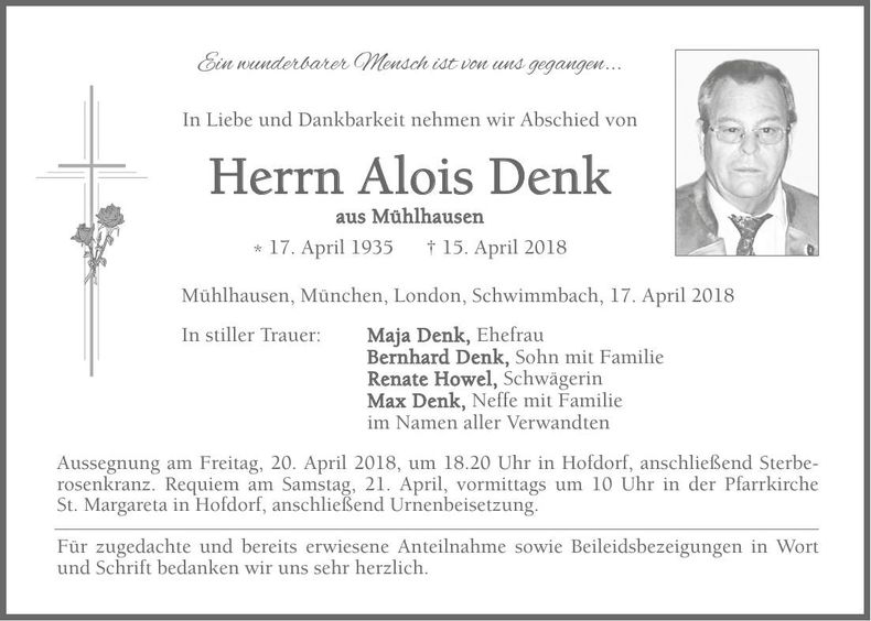 Traueranzeige Alois Denk