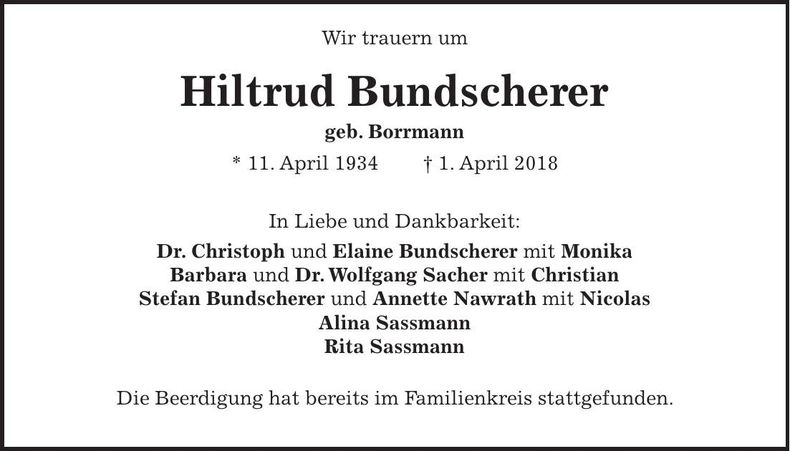 Traueranzeige Hiltrud Bundscherer