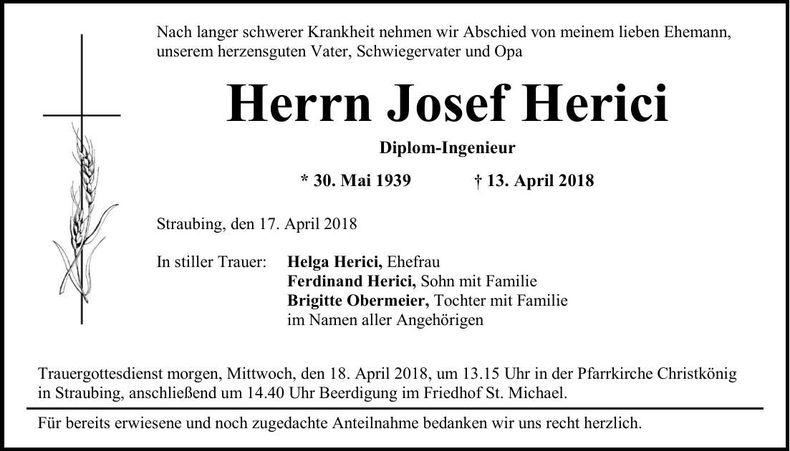 Traueranzeige Josef Herici