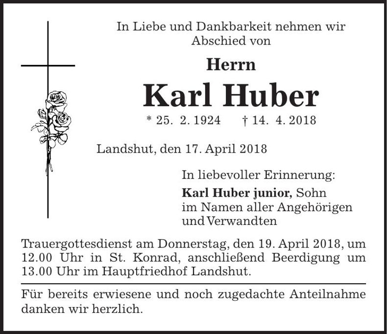 Traueranzeige Karl Huber