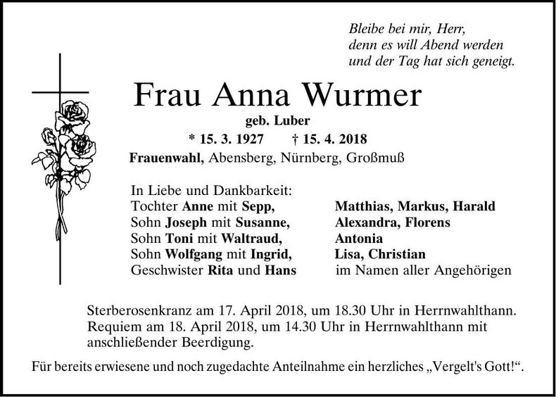 Traueranzeige Anna Wurmer