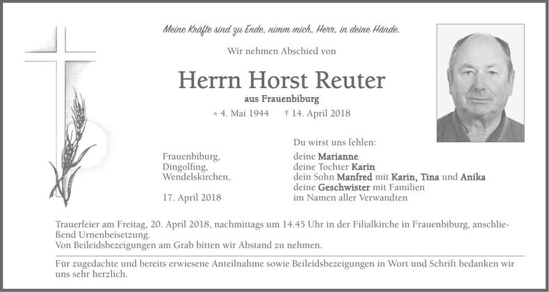 Traueranzeige Horst Reuter