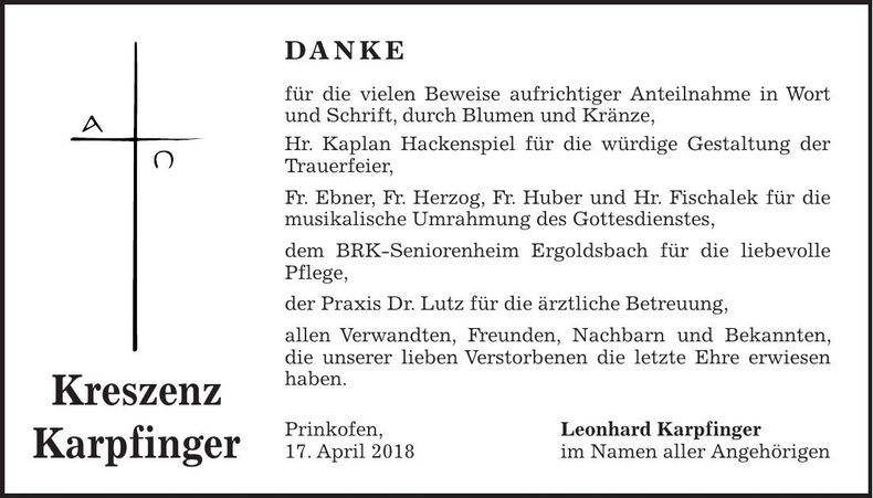Traueranzeige Kreszenz Karpfinger