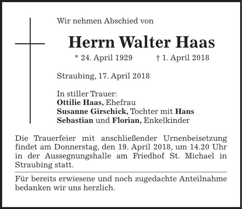 Traueranzeige Walter Haas