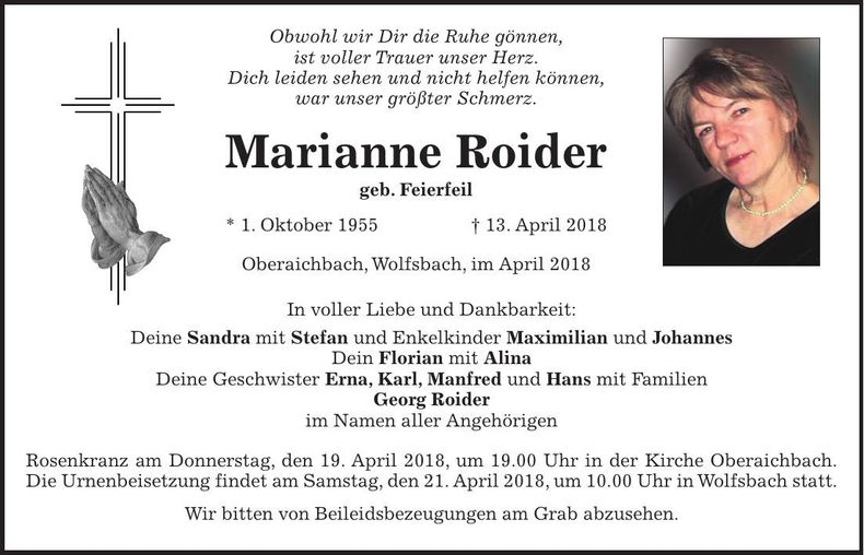 Traueranzeige Marianne Roider