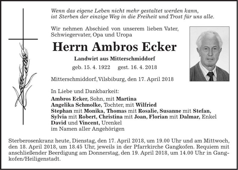 Traueranzeige Ambros Ecker