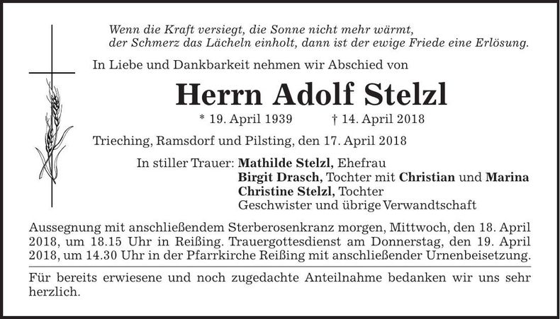 Traueranzeige Adolf Stelzl