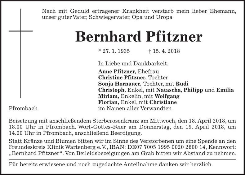 Traueranzeige Bernhard Pfitzner