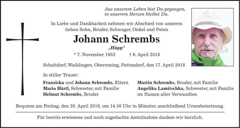 Traueranzeige Johann Schrembs