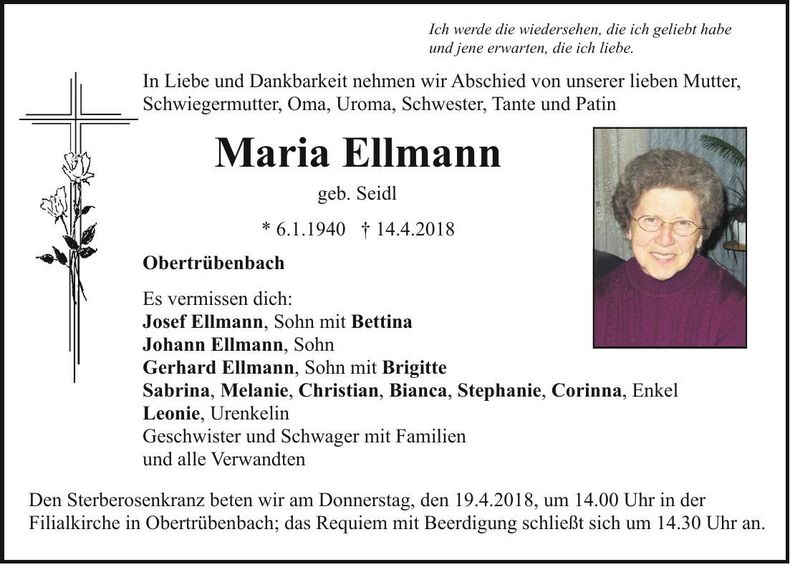 Traueranzeige Maria Ellmann