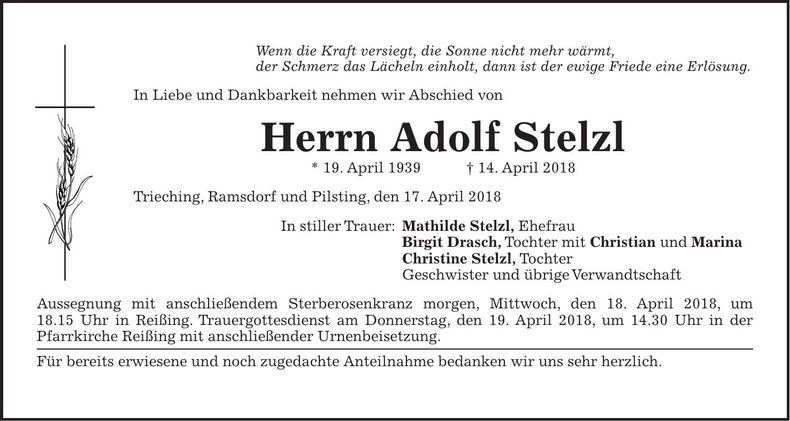 Traueranzeige Adolf Stelzl