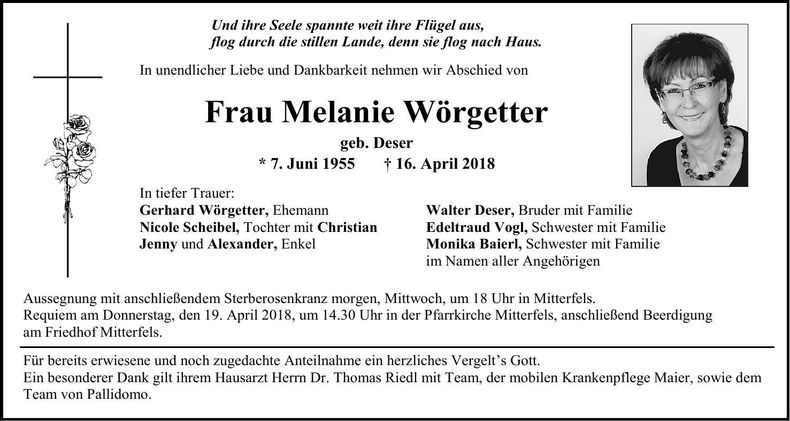 Traueranzeige Melanie Wörgetter