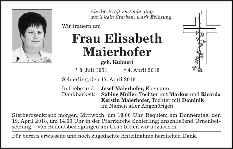 Traueranzeige Elisabeth Maierhofer