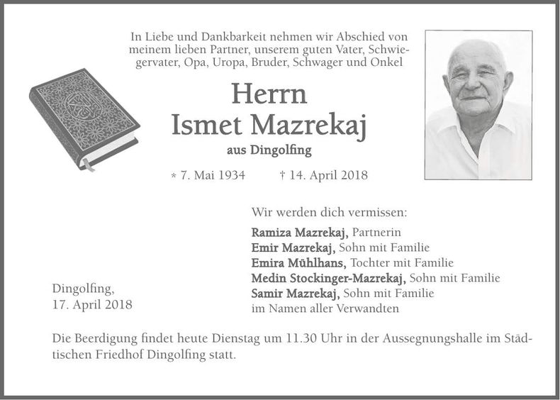 Traueranzeige Ismet Mazrekaj