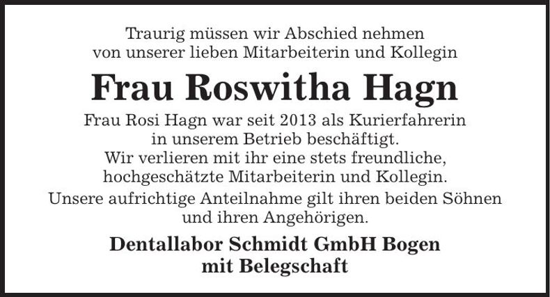Traueranzeige Roswitha Hagn