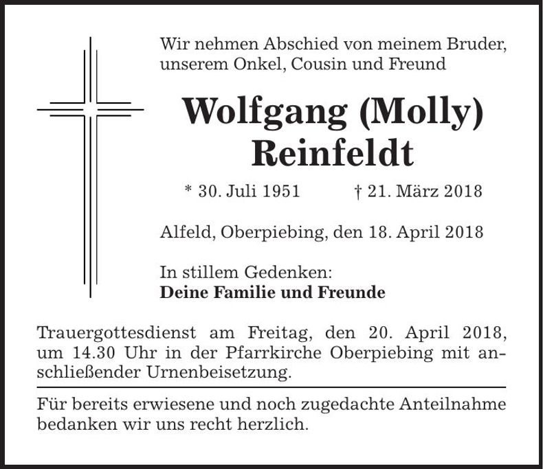 Traueranzeige Wolfgang Reinfeldt