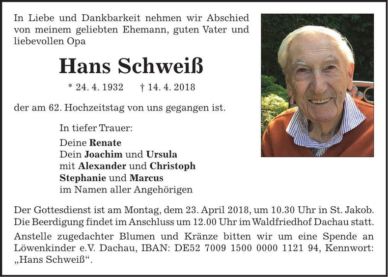 Traueranzeige Hans Schweiß