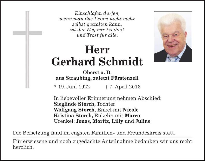 Traueranzeige Gerhard Schmidt
