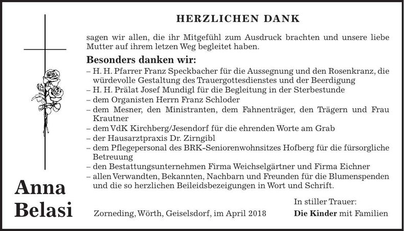 Traueranzeige Anna Belasi