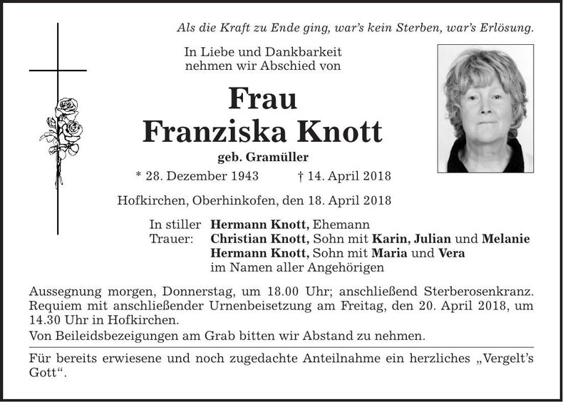 Traueranzeige Franziska Knott
