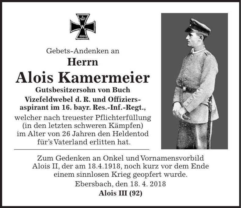 Traueranzeige Alois Kamermeier