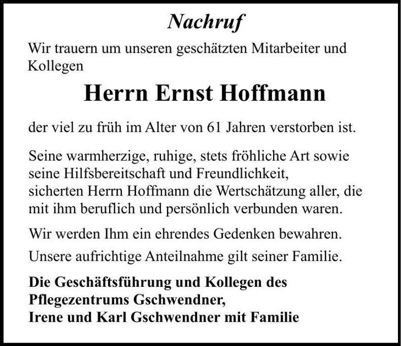 Traueranzeige Ernst Hoffmann