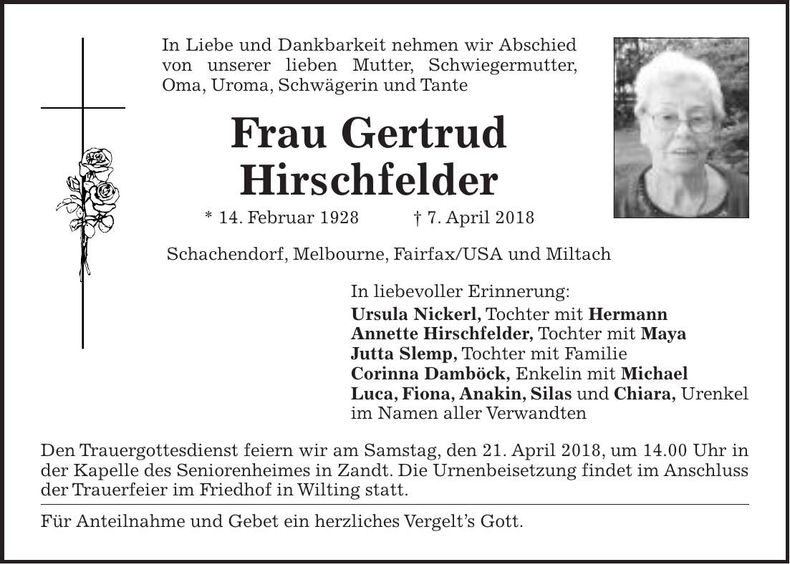 Traueranzeige Gerturd Hirschfelder
