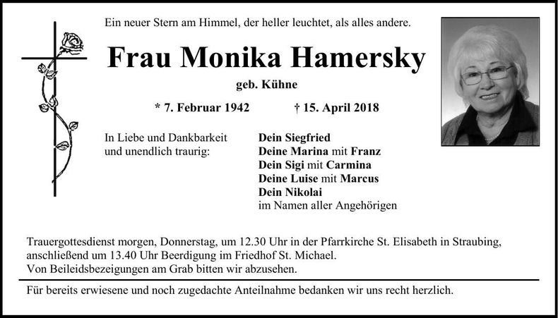 Traueranzeige Monika Hamersky