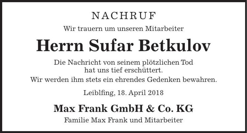 Traueranzeige Sufar Betkulov