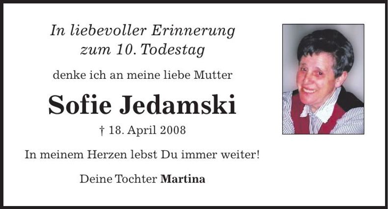 Traueranzeige Sofie Jedamski