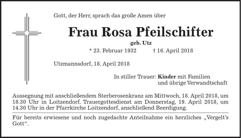 Traueranzeige Rosa Pfeilschifter