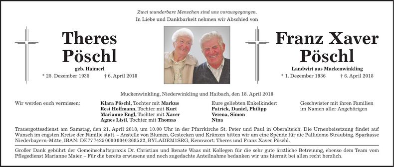 Traueranzeige Franz Xaver & Therese Pöschl