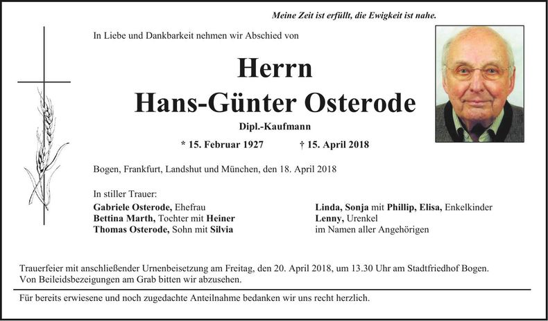 Traueranzeige Hans-Günter Osterode