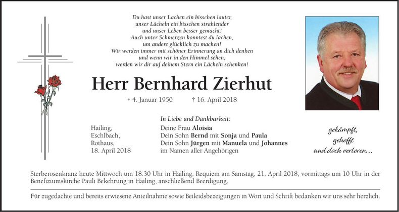 Traueranzeige Bernhard Zierhut