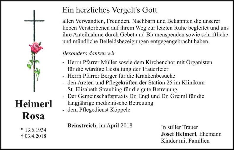 Traueranzeige Rosa Heimerl