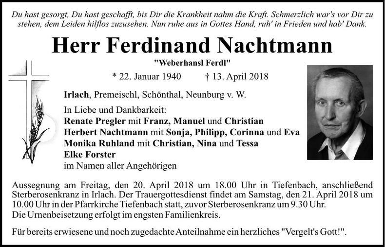 Traueranzeige Ferdinand Nachtmann