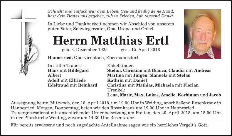 Traueranzeige Matthias Ertl