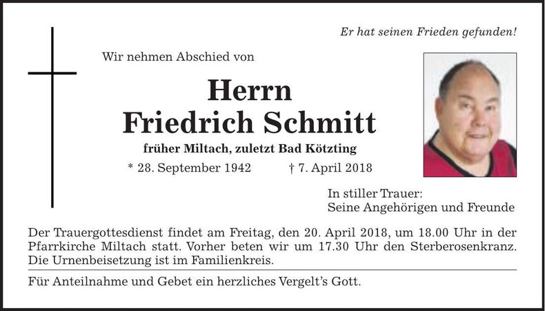 Traueranzeige Friedrich Schmitt